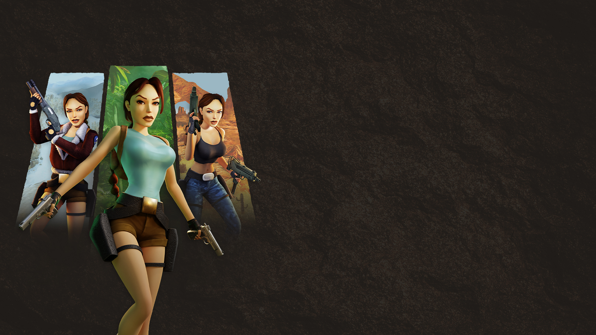 Promotional image from Aspyr Media for Tomb Raider Remastered, which features 3 different versions of the main character Lara Croft.